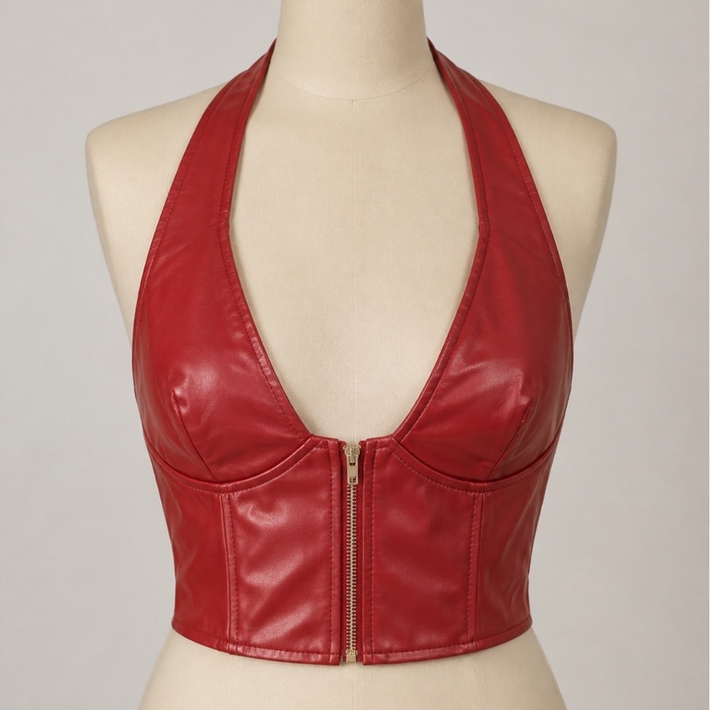 Fashion Nova Giulia PU Halter Top Womens L Burgundy NEW Faux Leather Corset Zip